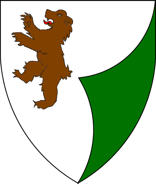 [Argent, a brown bear rampant proper and a gore sinister vert]