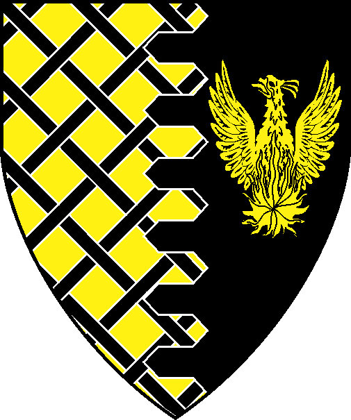 [Per pale urdy Or fretty sable and sable, a phoenix Or]