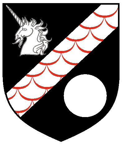 [Sable, a bend sinister argent scaly gules between a unicorn's head couped and a roundel argent	  ]