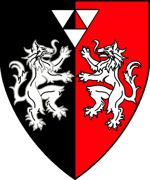 [Per pale sable and gules, two wolves combatant, in chief three triangles inverted conjoined two and one argent]