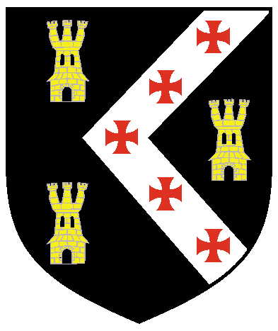 [Sable, on a chevron couched from sinister argent between three castles triple-towered Or, five crosses formy gules	  ]