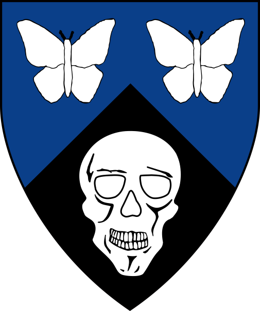 [Per chevron azure and sable, two butterflies and a skull argent]