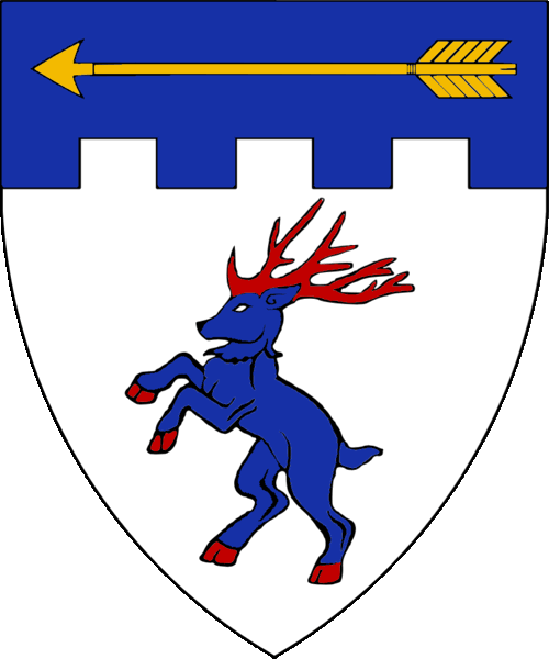 [Argent, a stag rampant azure attired and unguled gules and on a chief embattled azure an arrow reversed Or.]