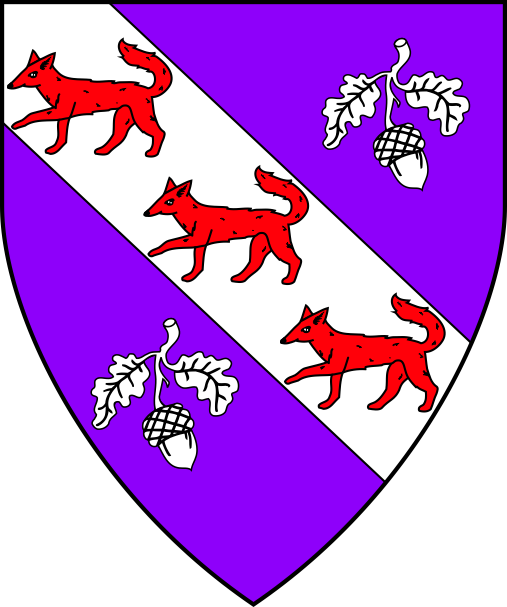 [Purpure, on a bend between two oak sprigs inverted argent, three foxes passant palewise gules]