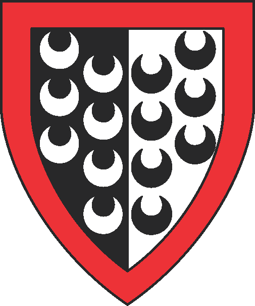 [Per pale argent and sable all crescenty counterchanged, a bordure gules]
