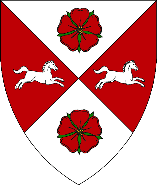 [Per saltire argent and gules, two roses proper and two horses courant contourny argent.]