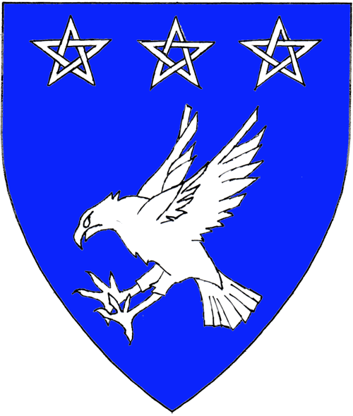 [Azure, a falcon striking and in chief three mullets voided and interlaced argent.]