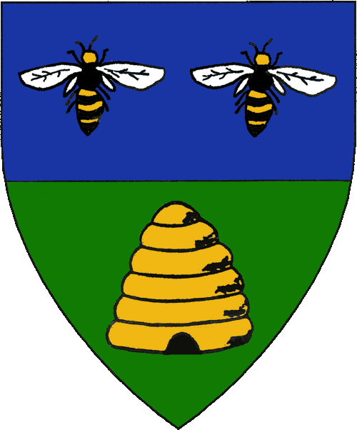[Per fess azure and vert, two bees proper and a beehive Or.]