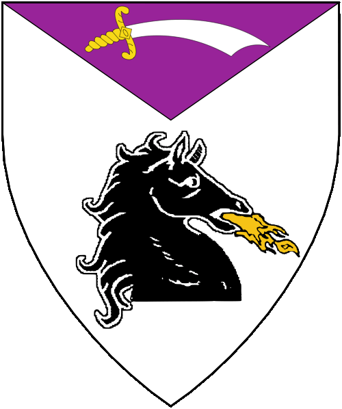 [Argent, a horse's head couped contourny sable breathing flames Or and on a chief triangular purpure a scimitar blade to chief reversed Or]