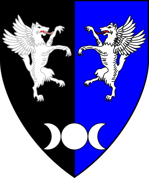 [Per pale sable and azure, two winged wolves combattant, in base conjoined in fess a roundel between an increscent and a decrescent argent]