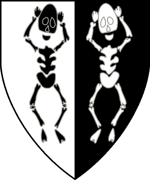 [Per pale argent and sable, two skeletons with their arms raised counterchanged]