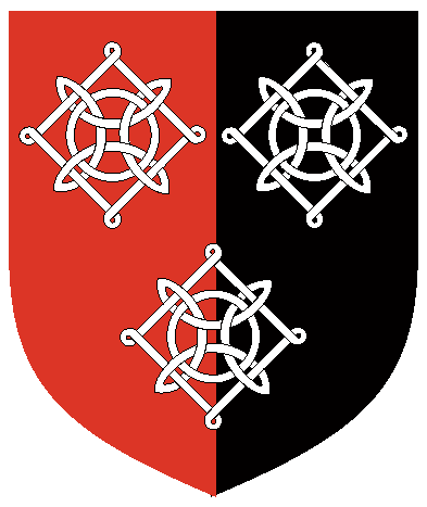 [	Per pale gules and sable, three Lacy knots argent.  	  ]