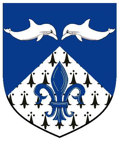 [Per chevron azure and ermine, two natural dolphins naiant embowed respectant argent and a fleur-de-lys azure	  ]