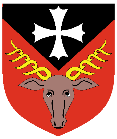 [Per chevron inverted enhanced sable and gules, in chief a cross patonce argent, and in base a stag's head couped affronté proper, attired Or	  ]