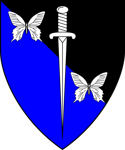 [Per bend sable and azure, a sword inverted between two butterflies in bend argent]