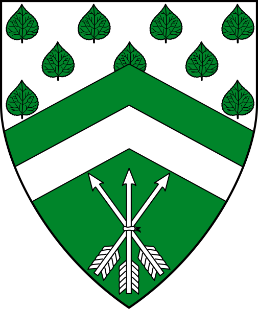 [Per chevron argent, semy of aspen leaves, and vert, a chevron per chevron vert and argent, in base a sheaf of three arrows inverted argent	  ]