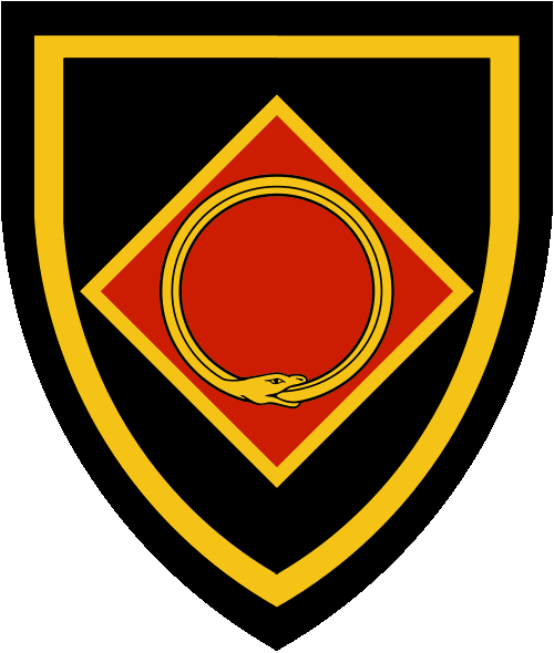 [Sable, on a lozenge gules fimbriated a serpent in annulo vorant of its tail, an orle Or.]