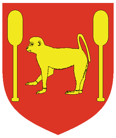 [	  Gules, in fess a monkey passant between two oars Or.]