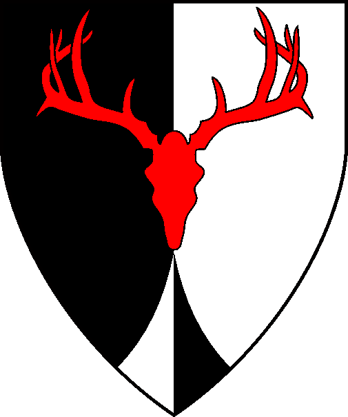 [Per pale sable and argent, a stag's skull gules and a point pointed counterchanged]