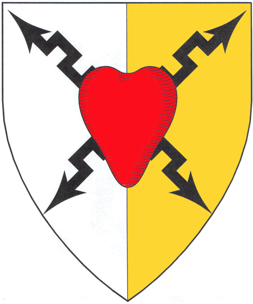 [Per pale argent and Or, in saltire two lightning bolts sable and overall a heart gules.]