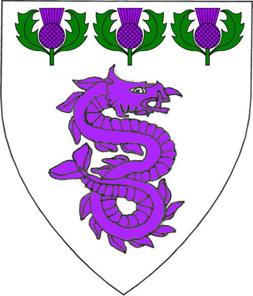 [Argent, a sea-serpent erect contourny embowed counter-embowed purpure and in chief three thistles vert headed purpure.	  ]