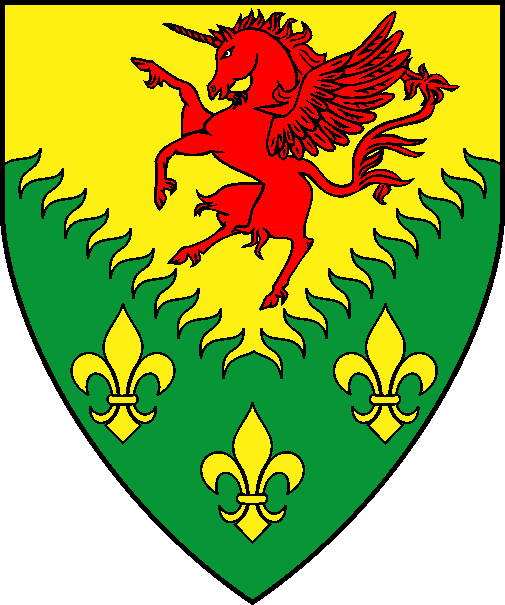 [Per chevron inverted rayonny Or and vert, a winged unicorn segreant gules and three fleurs-de-lys Or]