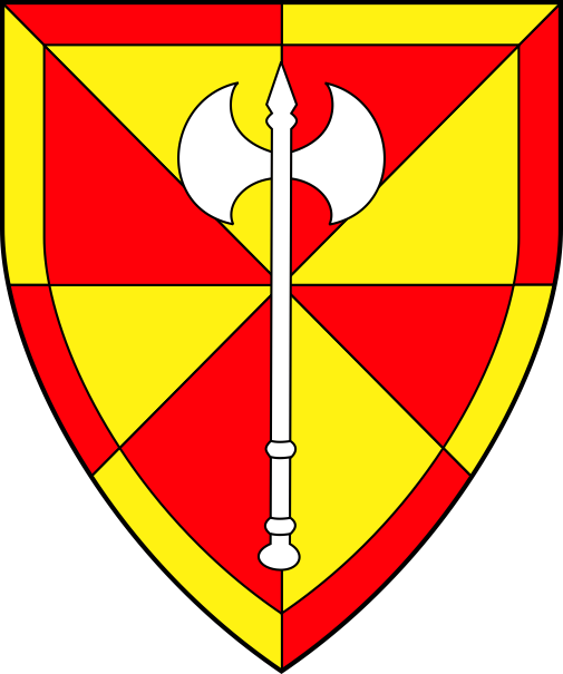 [Gyronny Or and gules, a double-bitted axe argent, a bordure counterchanged	  ]