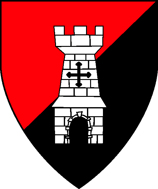 [Per bend sinister gules and sable, a tower argent]