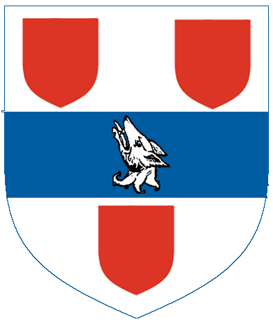 [Argent, on a fess azure between three escutcheons gules a wolf’s head erased ululant argent.]