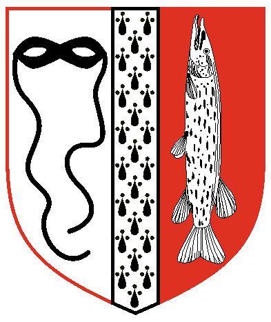 [Per pale argent and gules, a pallet ermine between a domino mask, its ribbons pendant sable, and a lucy haurient argent	  ]