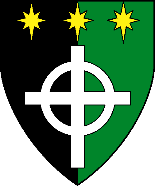 [Per pale sable and vert, a Celtic cross argent and in chief three compass stars Or.]
