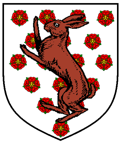 [Argent semy of roses gules, a brown hare rampant proper	  ]
