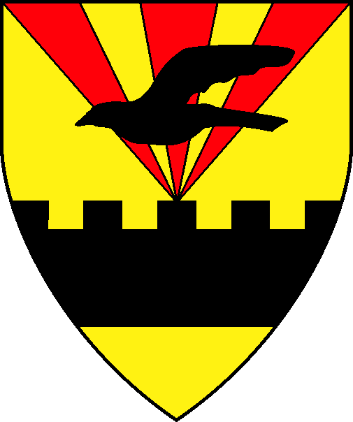 [Or, three piles in point gules, surmounted by a raven volant, in base a fess embattled and abased sable	  ]