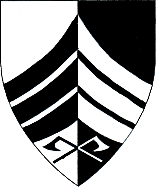 [Per pale argent and sable, three chevronels ployé and in base two axes in saltire counterchanged.]