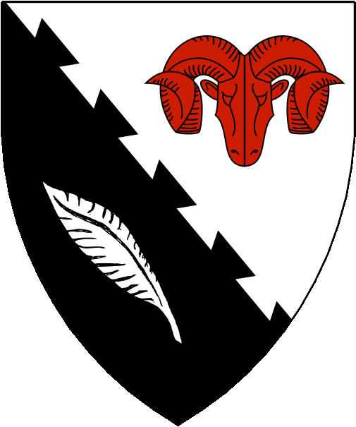 [Per bend dovetailed argent and sable, a ram's head cabossed gules and a feather bendwise argent.
]