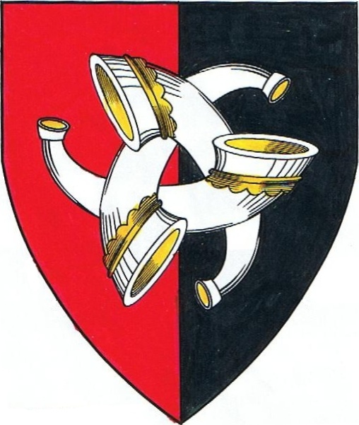 [Per pale gules and sable, three stringless hunting horns fretted in triangle argent	  	  ]