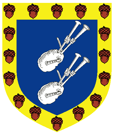[Azure, in pale two bagpipes argent within a bordure Or semy of acorns proper	  ]