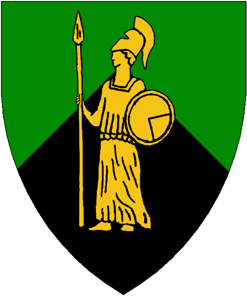 [Per chevron vert and sable, a maiden representing the goddess Minerva, wearing a Roman helm raised, maintaining a spear and a round shield Or.]