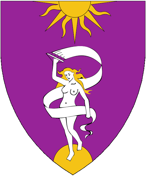 [Purpure, a nude maiden representing the goddess Fortuna maintaining and entwined by a streamer argent standing atop a demi-roundel issuant from base, a demi-sun issuant from chief Or.]