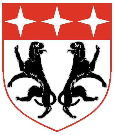 [Argent, two talbots addorsed rampant reguardant, tails coward, sable, and on a chief gules three mullets of four points argent	  ]