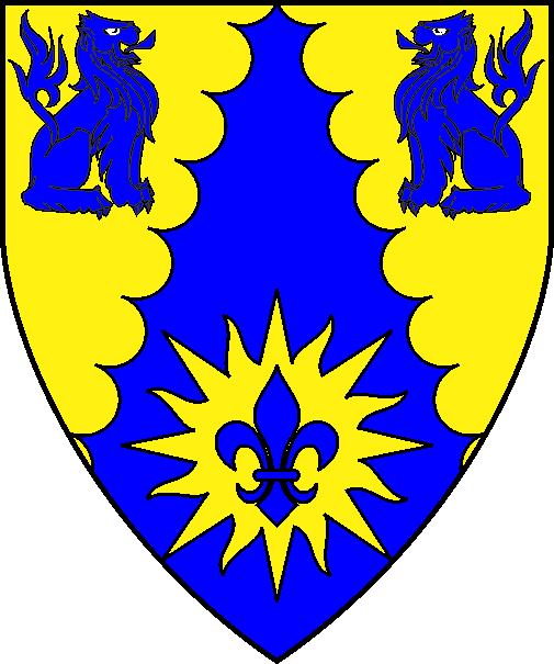 [Per chevron engrailed throughout Or and azure, two lions sejant respectant azure and a sun Or charged with a fleur-de-lys azure]