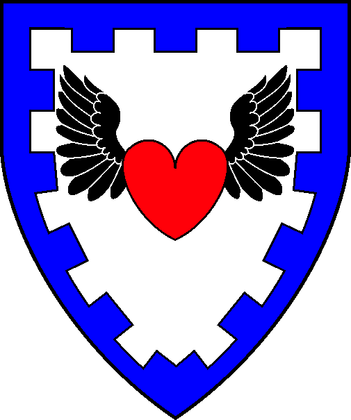 [Argent, a heart gules winged sable within a bordure embattled azure]