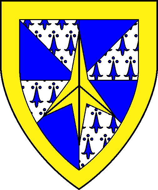 [Gyronny argent ermined azure and azure, a caltrop within a bordure Or	  ]
