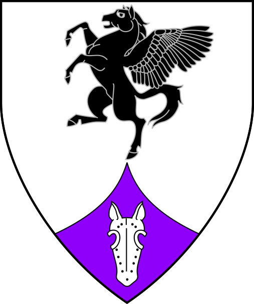 [Argent, a pegasus segreant sable and on a point pointed purpure a chamfron argent]