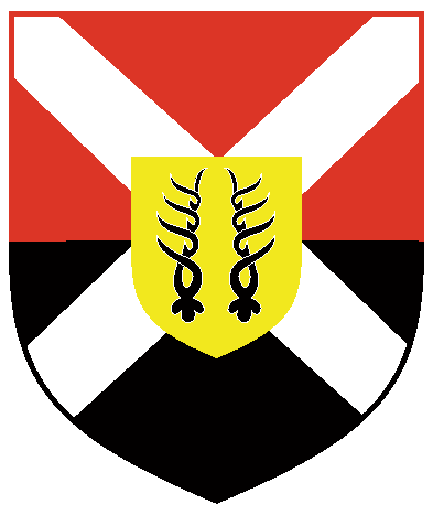 [Per fess gules and sable, a saltire argent, and for augmentation, an escutcheon overall Or charged with a pair of stag's attires sable	  ]