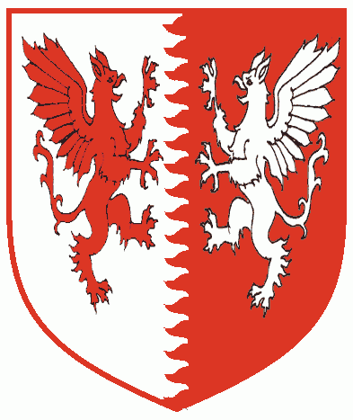 [Per pale rayonny argent and gules, two griffins combattant counterchanged	  ]