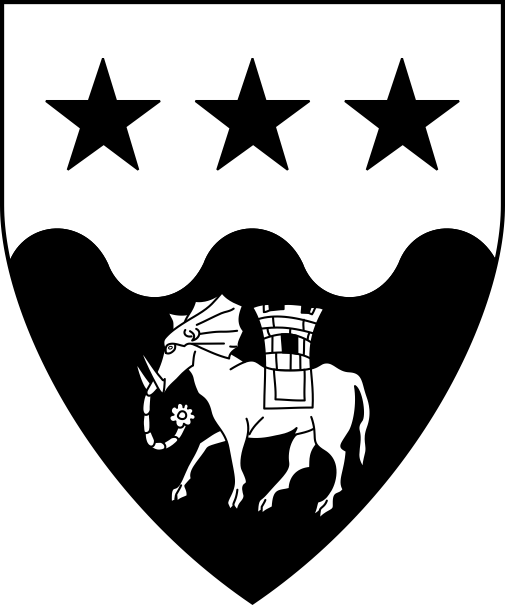 [Per fess wavy argent and sable, three mullets and an elephant passant bearing on its back a castle counterchanged]