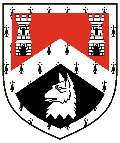 [Per chevron gules and sable, a chevron ermine between two towers and a wolf's head erased argent, a bordure ermine	  ]