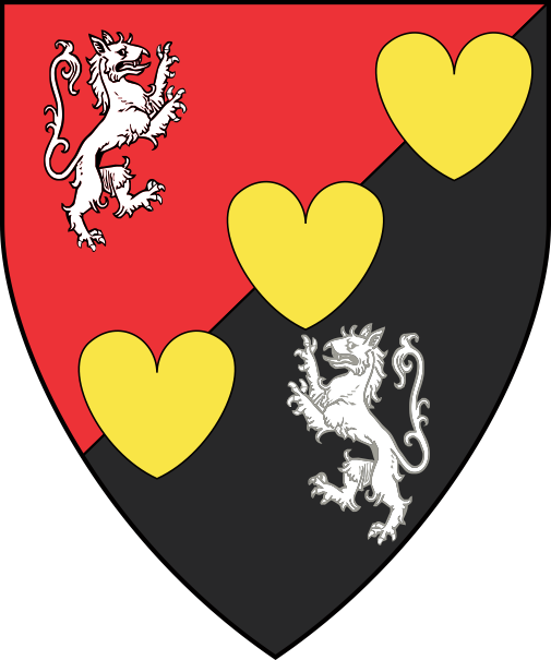 [Per bend sinister gules and sable, in saltire three hearts in bend sinister between two tygers combattant in bend argent]