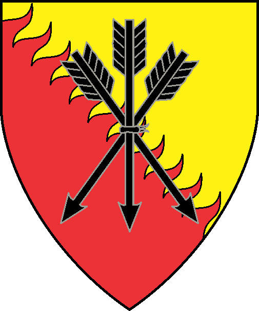 [Per bend rayonny Or and gules, a sheaf of arrows sable]